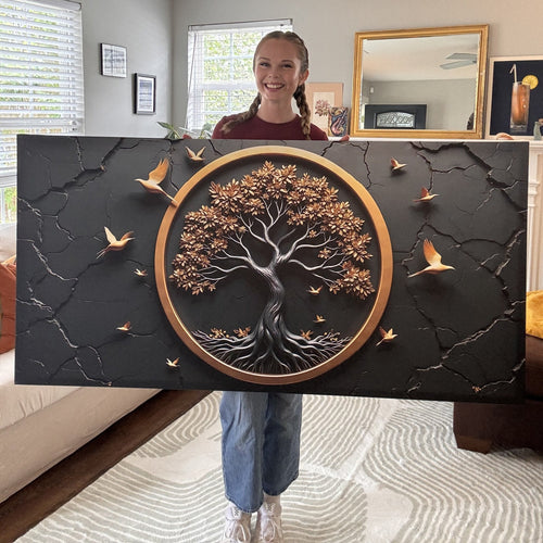 Landscape wall art canvas of a golden Tree of Life with birds on dark cracked background