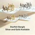 Starfish bangle with textured sea star details, gold and silver finish