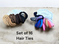 Fabric stretch hair ties set of 16, assorted beige, black, navy, purple, pink and blue