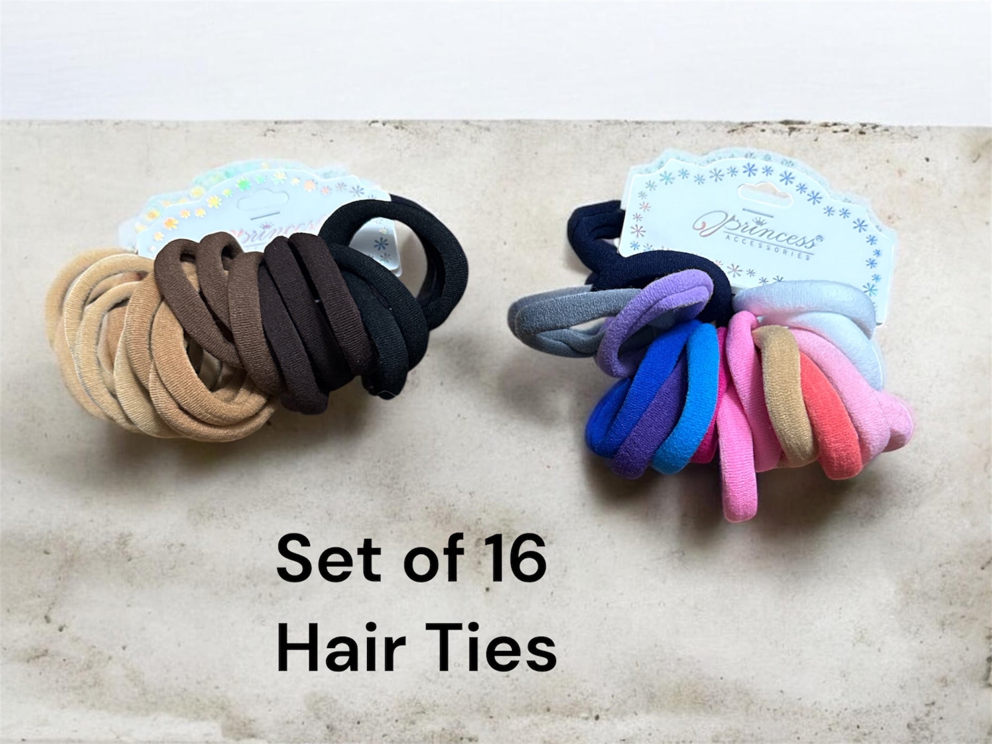 Fabric stretch hair ties set of 16, assorted beige, black, navy, purple, pink and blue