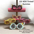 Kids UV400 tinted sunglasses set with black, pink, yellow, and light blue frames