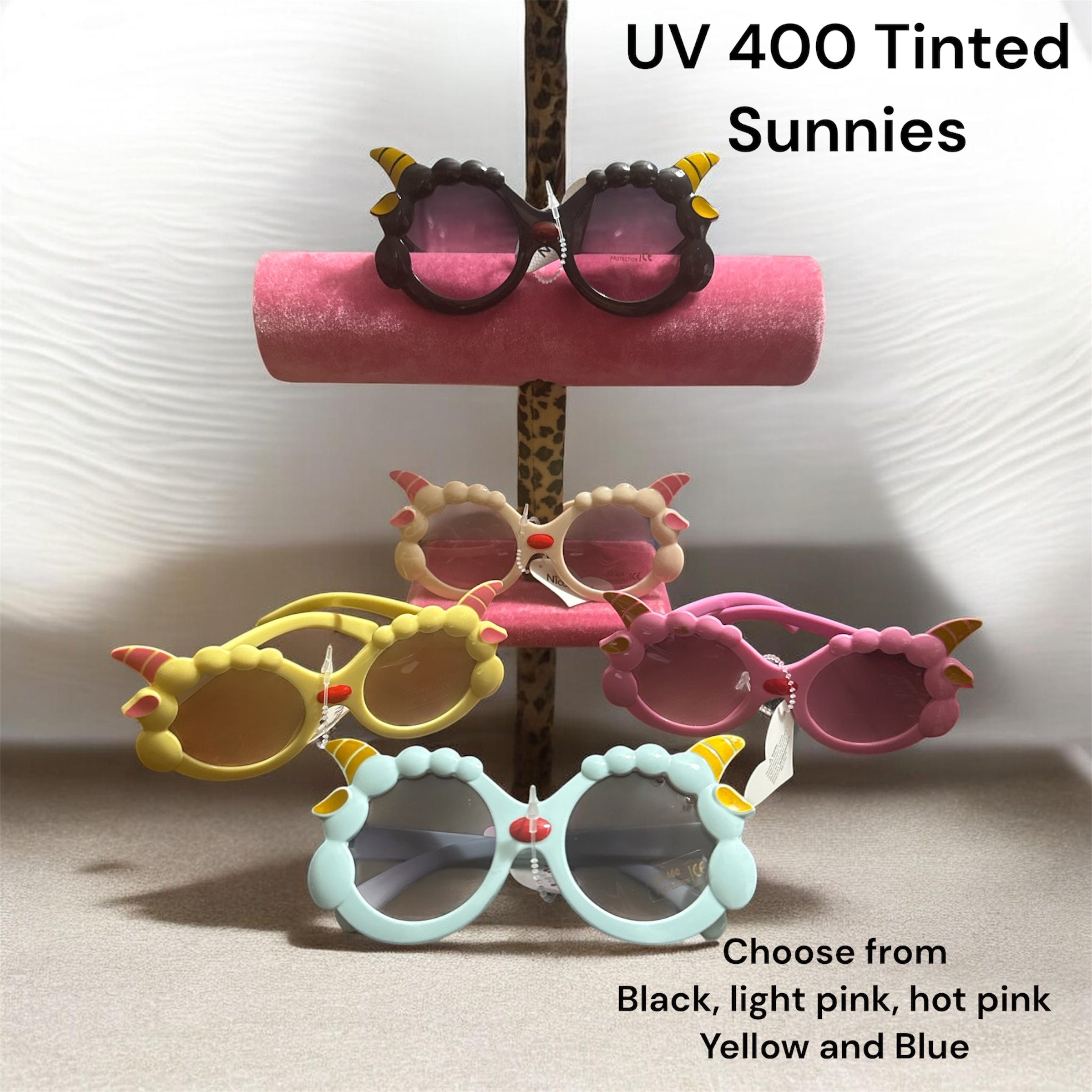 Kids UV400 tinted sunglasses set with black, pink, yellow, and light blue frames