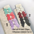 Set of 6 satin hair bows with pearl centers in teal, pink, purple and white