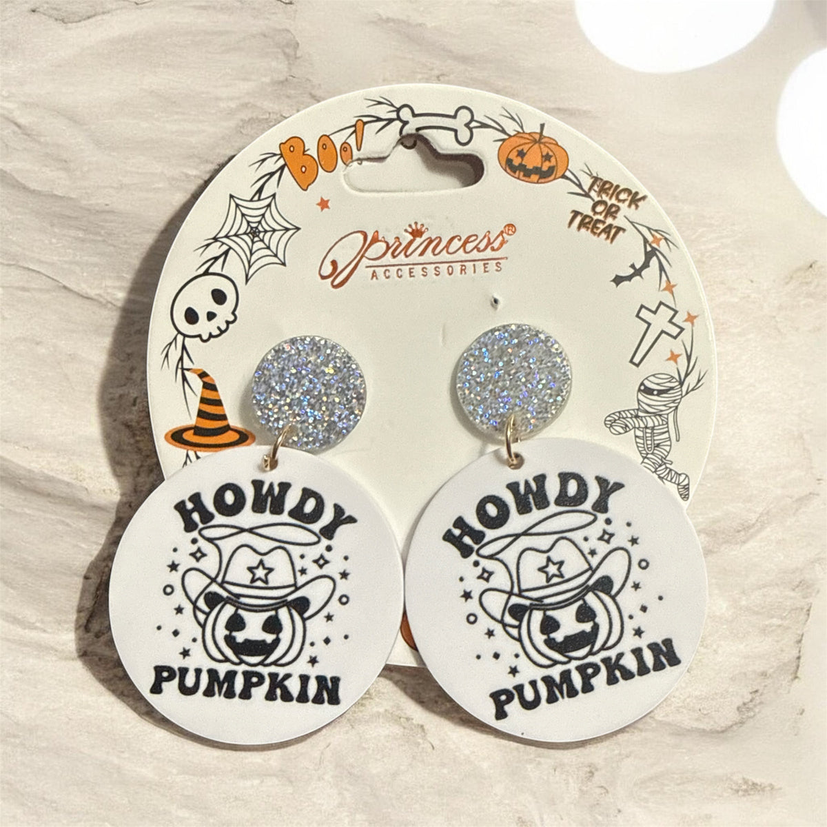 Acrylic Halloween earrings with silver glitter round studs and “Howdy Pumpkin” ghost faces