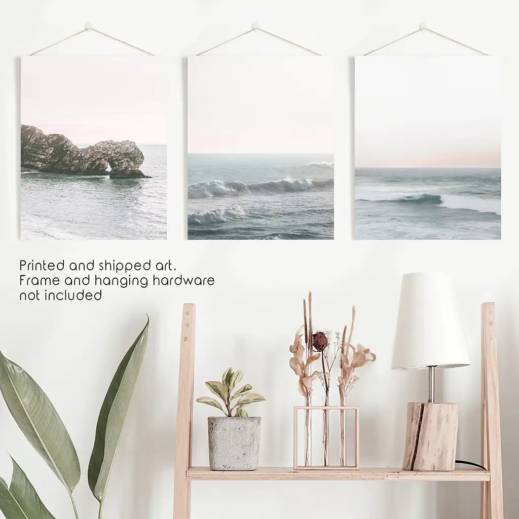 Pink Ocean Sunset Set of 3. Sea Cliffs, Soft Horizon Views