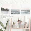 Pink Ocean Sunset Set of 3. Sea Cliffs, Soft Horizon Views