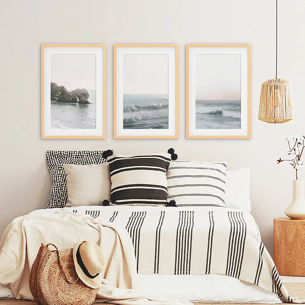 Pink Ocean Sunset Set of 3. Sea Cliffs, Soft Horizon Views