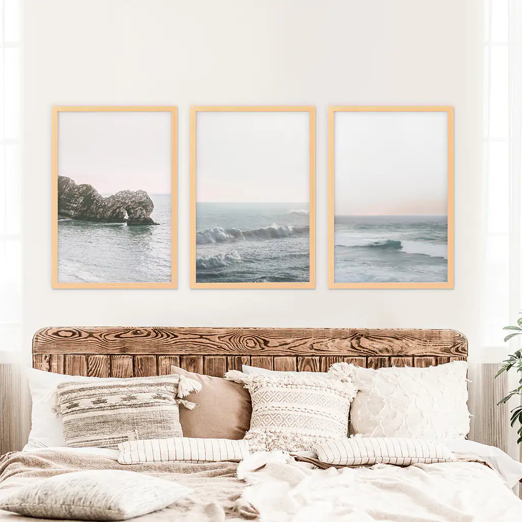 Pink Ocean Sunset Set of 3. Sea Cliffs, Soft Horizon Views