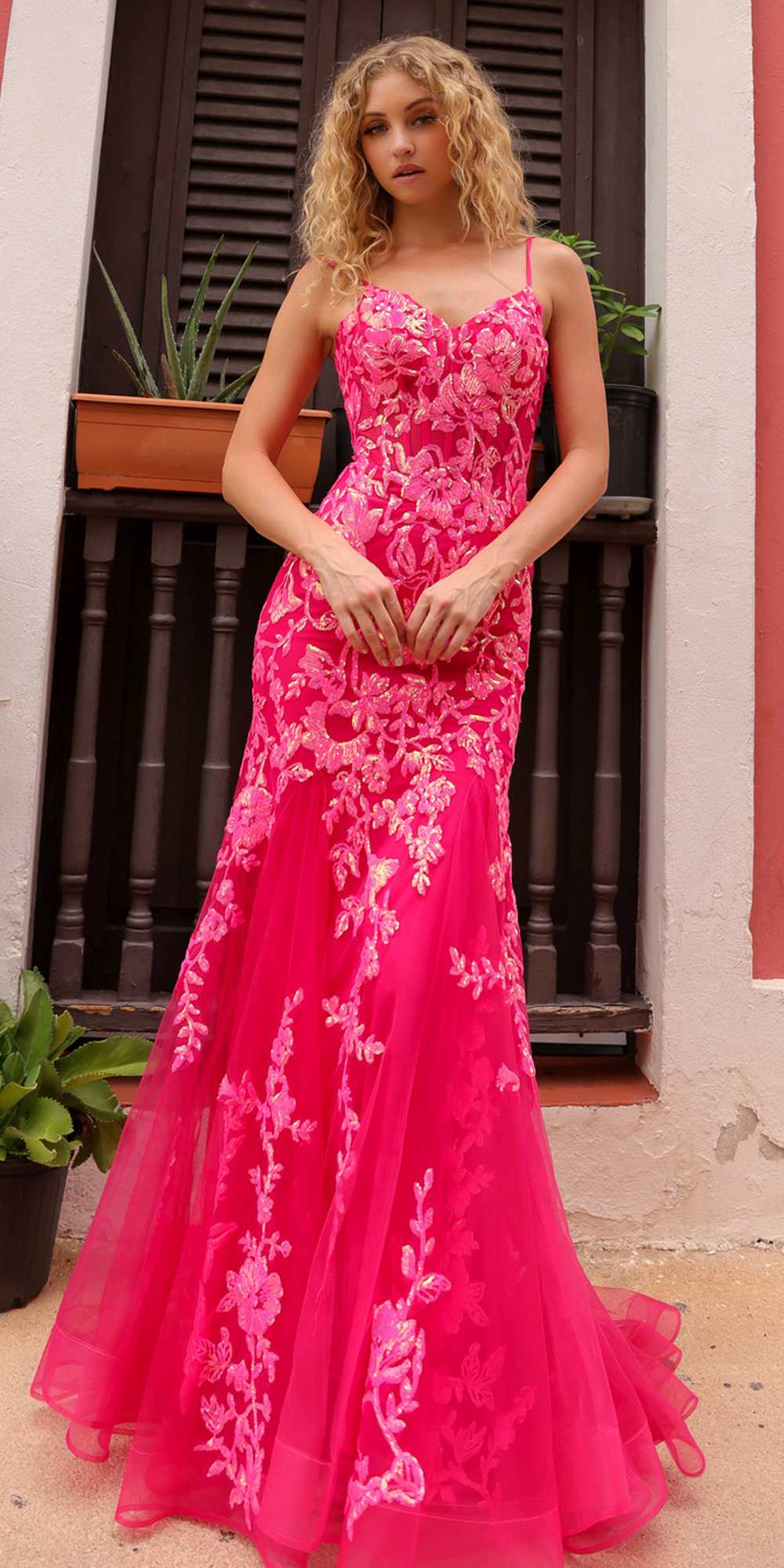 Coral pink sequin applique trumpet gown with spaghetti straps and embroidered bodice