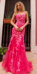 Coral pink sequin applique trumpet gown with spaghetti straps and embroidered bodice