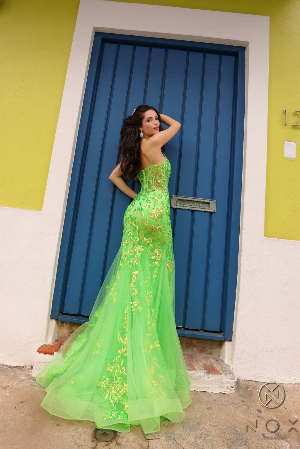 Green sequin applique trumpet gown, sleeveless fitted bodice and flared mesh skirt