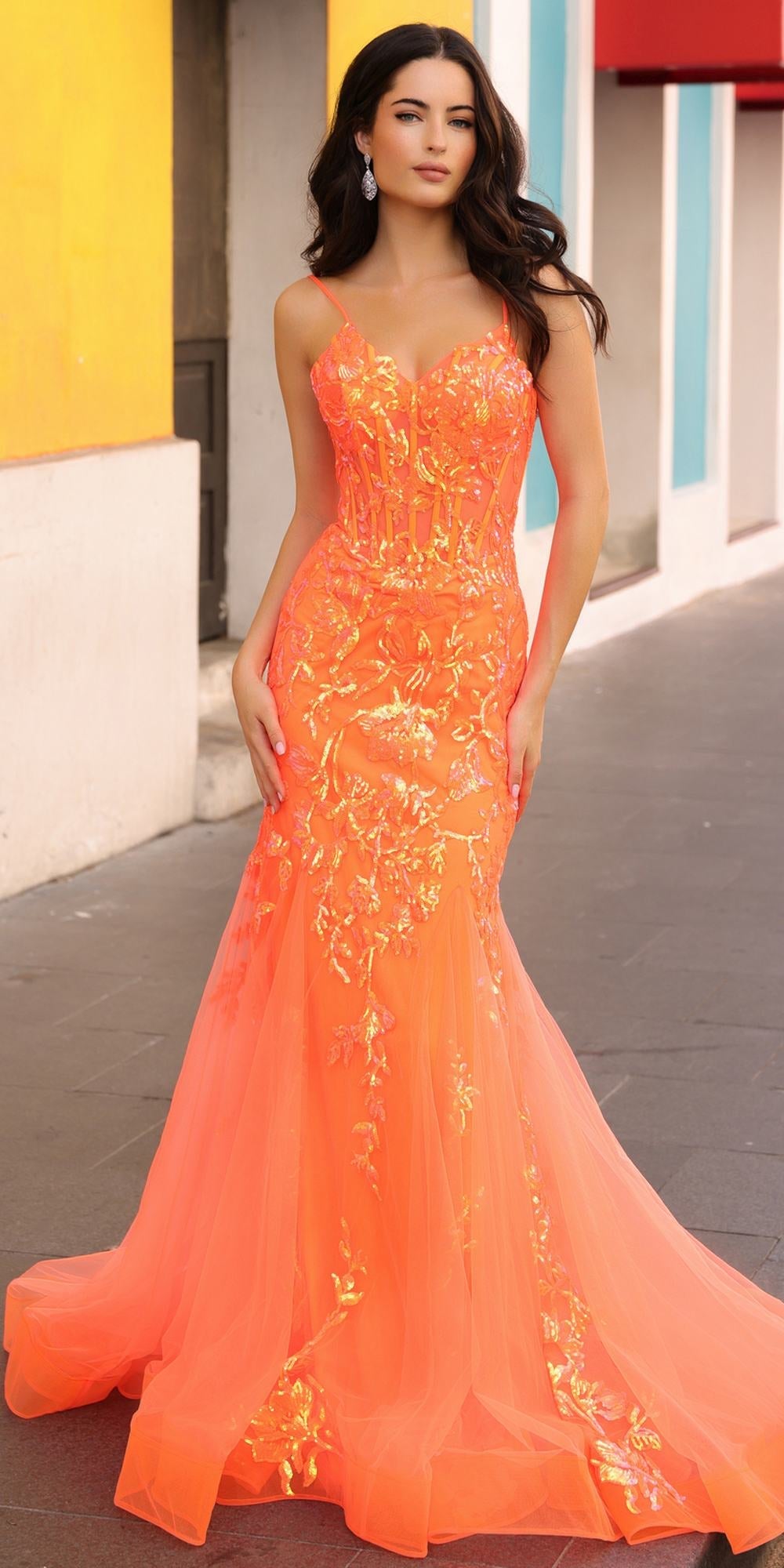 Coral sequin applique trumpet gown with spaghetti straps and long flared tulle skirt