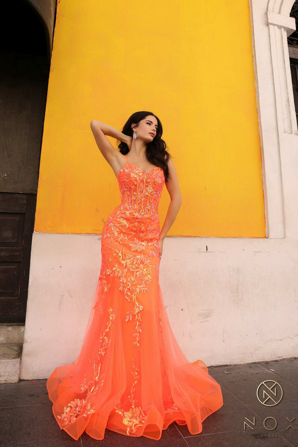 Coral sequin applique trumpet gown with fitted bust and long flared chiffon skirt