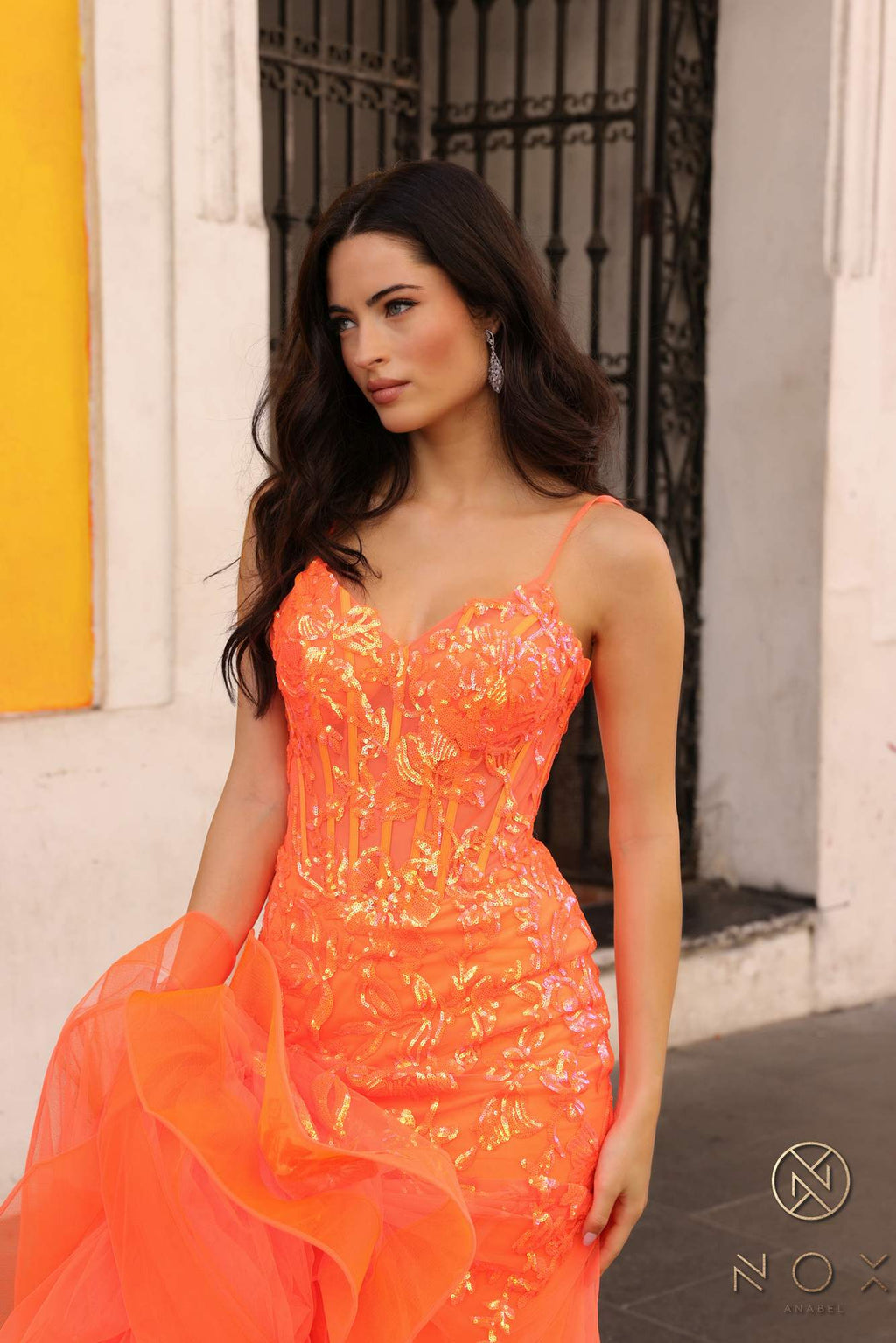 Coral orange sequin applique trumpet gown with fitted bodice and scalloped tulle train