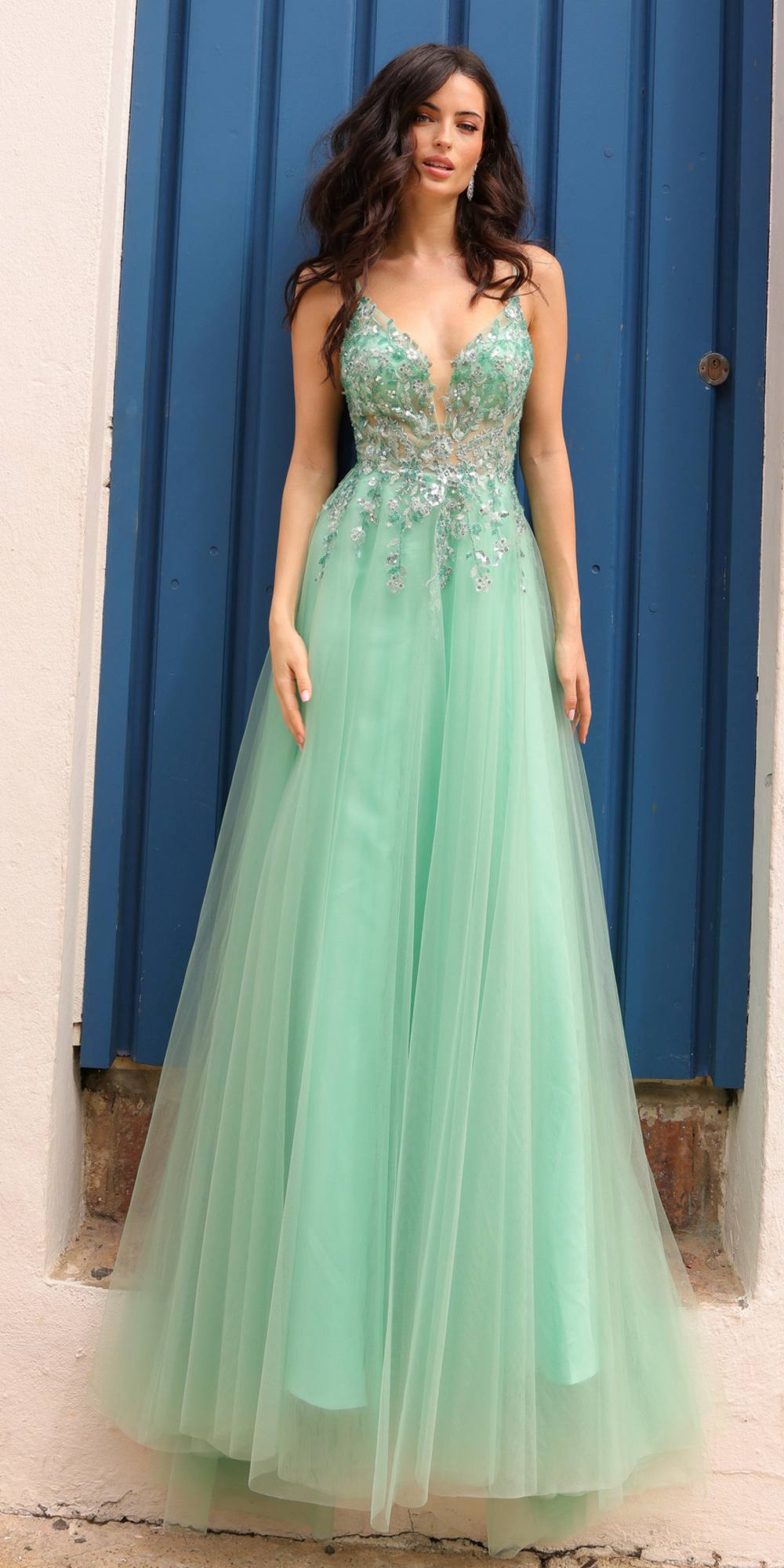 Dusty sage long A-line tulle gown with sweetheart lace applique bodice, sleeveless