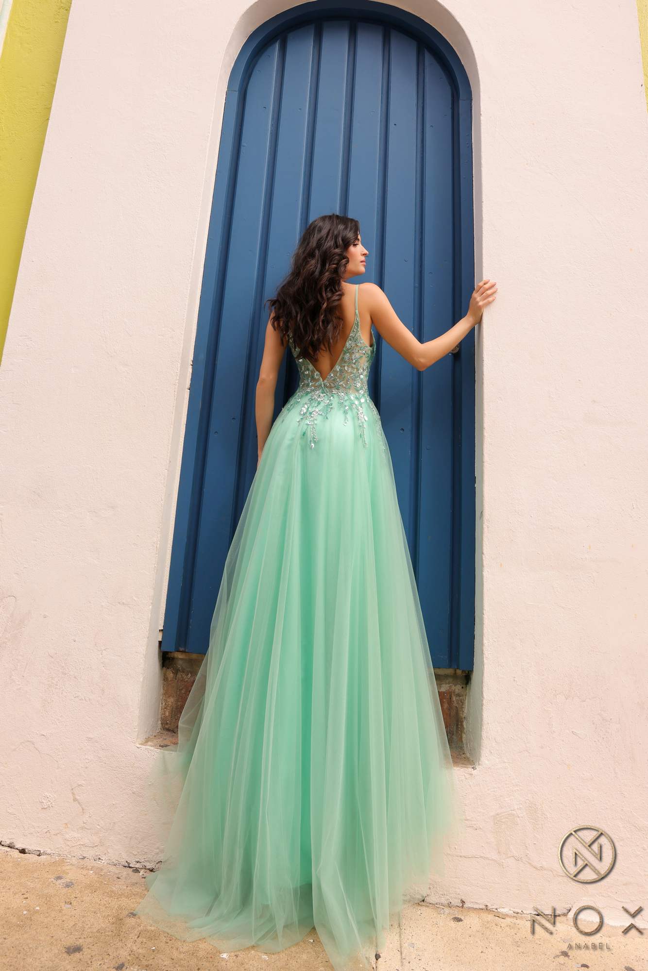 Dusty sage A-line tulle gown with sweetheart lace applique bodice, open back