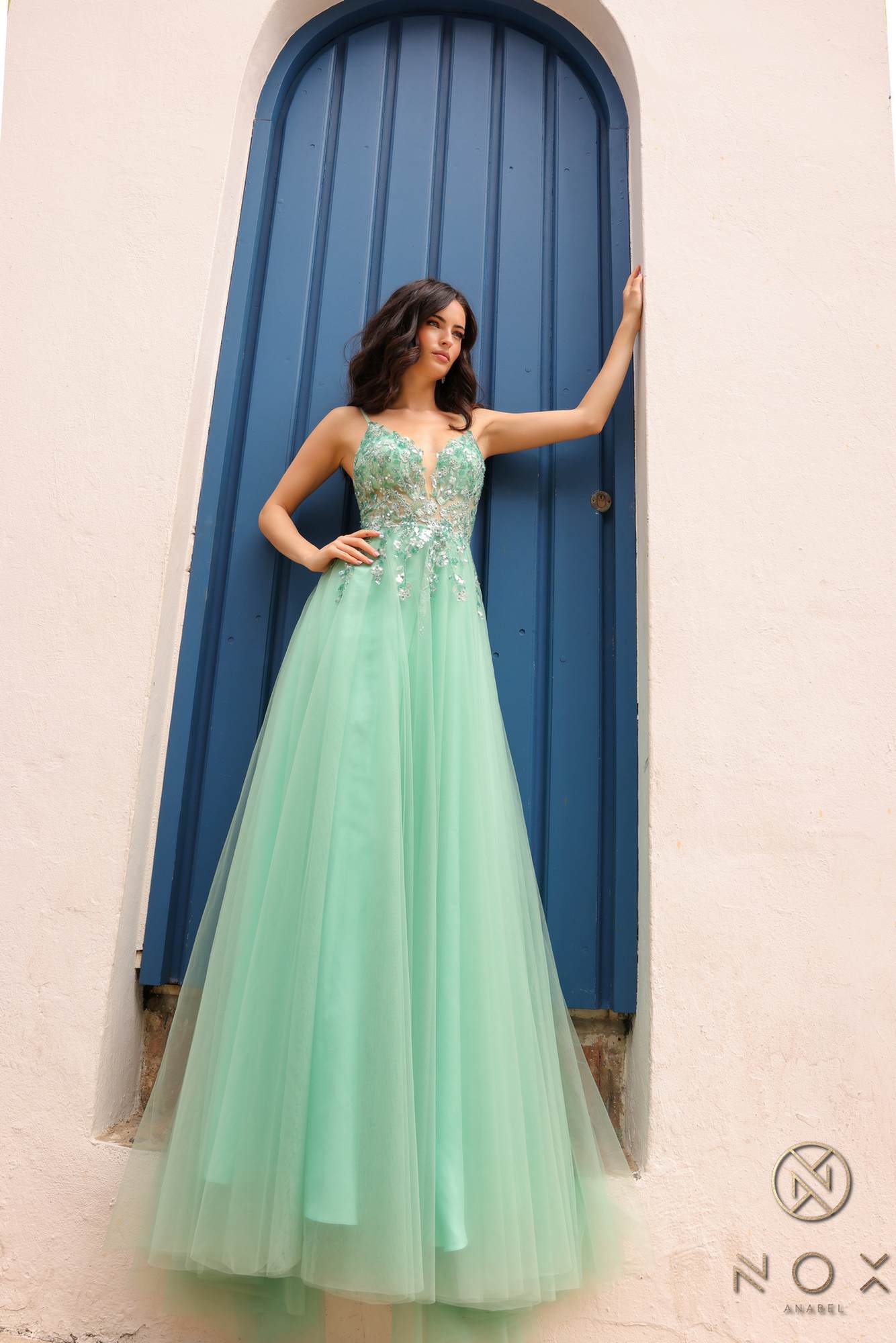 Dusty sage sleeveless sweetheart lace bodice A-line tulle gown with tiered skirt