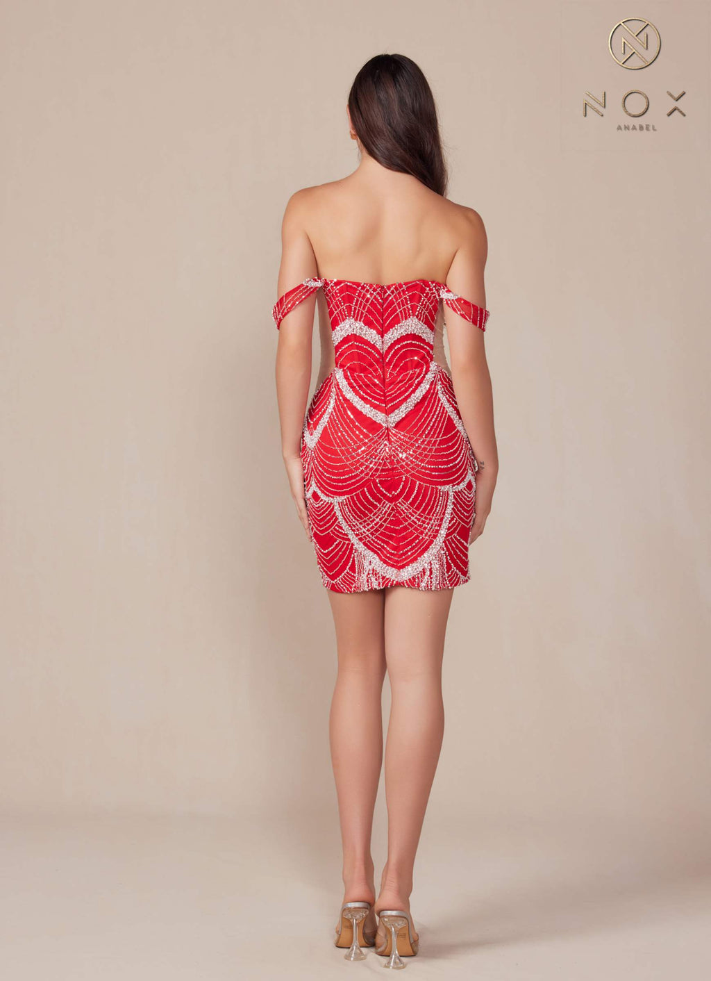 Off-shoulder short beaded cocktail dress in red and white, back view