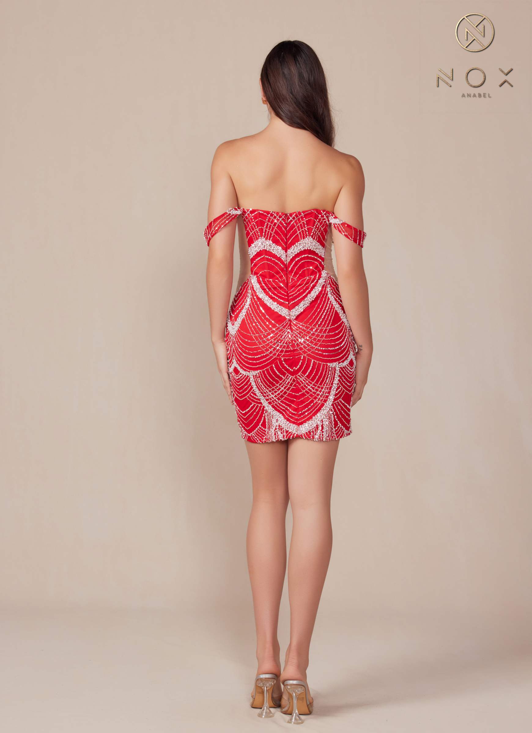 Off-shoulder short beaded cocktail dress in red and white, back view