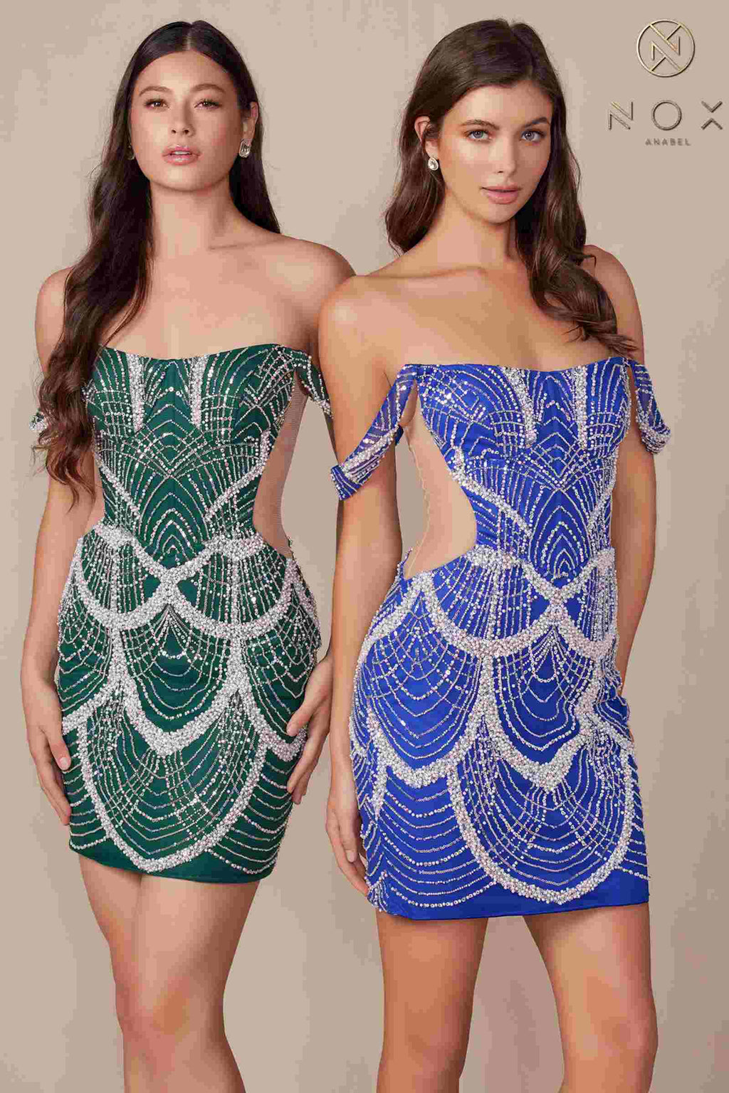 Two off-shoulder short beaded cocktail dresses: green and blue, front view