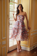 Floral print A-line tea length dress with strapless bodice and tiered skirt, blush tones