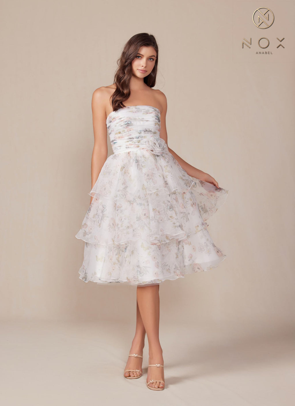 Floral print A-line tea-length dress with strapless bandeau bodice and tiered skirt