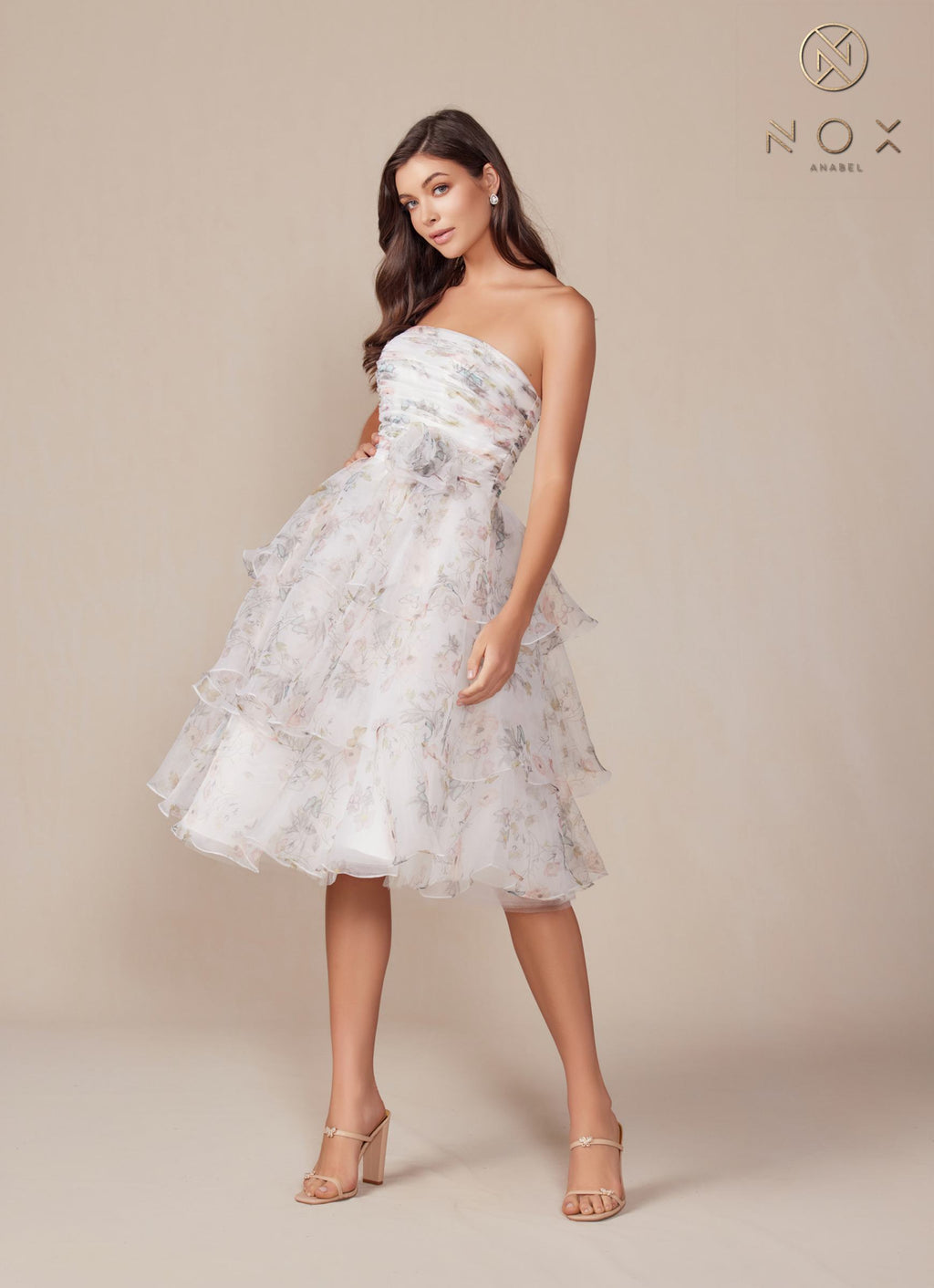 Floral print strapless A-line tea-length dress with layered ruffles and fitted bodice