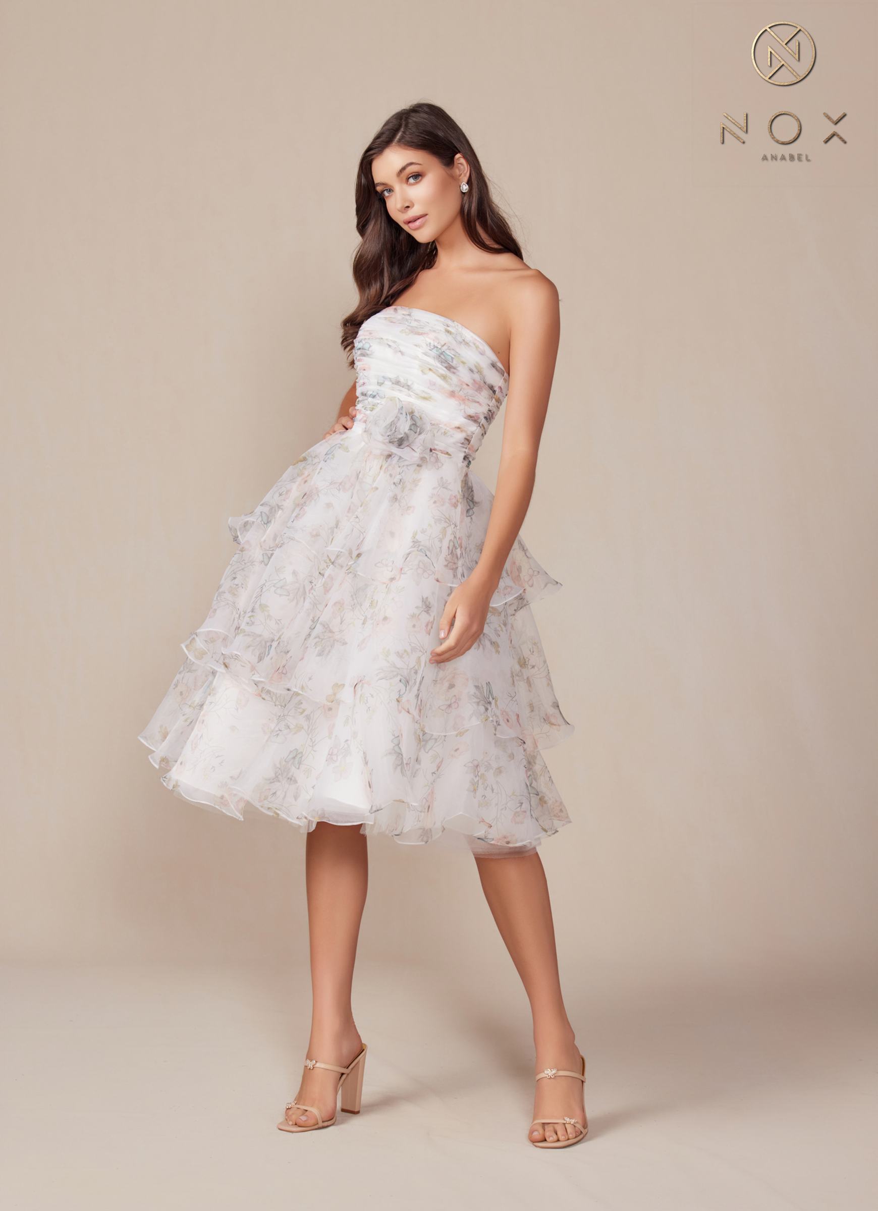 Floral print strapless A-line tea-length dress with layered ruffles and fitted bodice