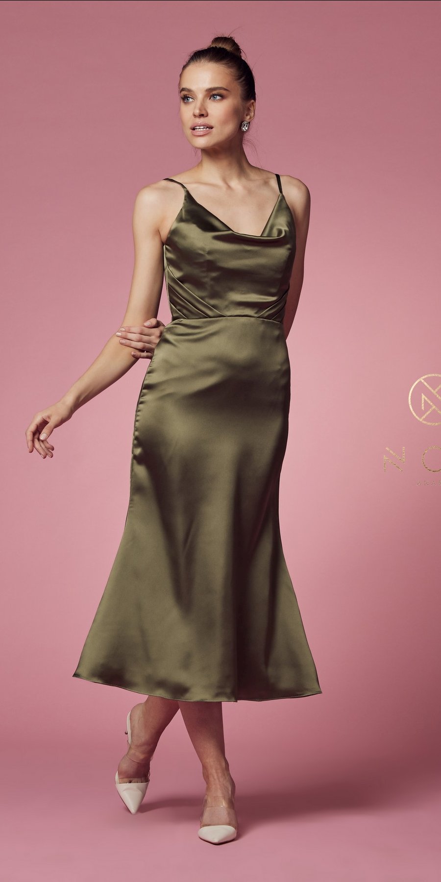 Olive satin midi formal gown with cowl neckline and thin spaghetti straps