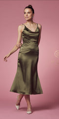 Olive satin midi formal gown with cowl neckline and thin spaghetti straps