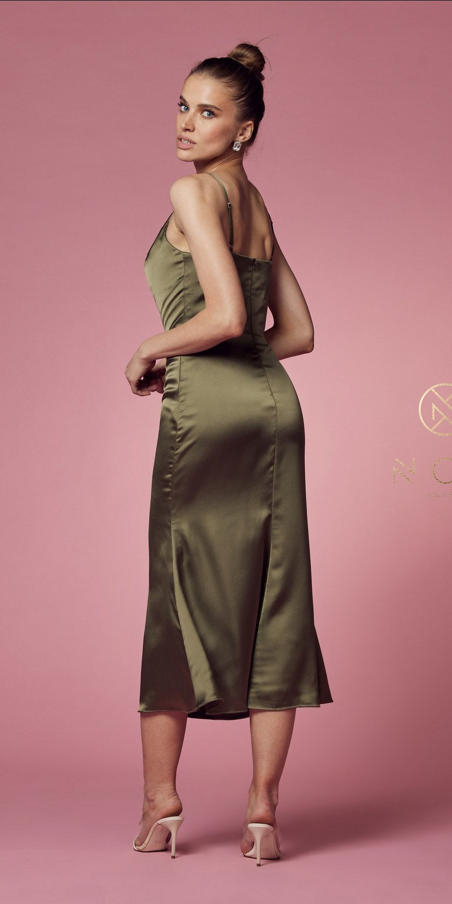 Olive satin midi gown with cowl neckline and spaghetti straps, back/side view