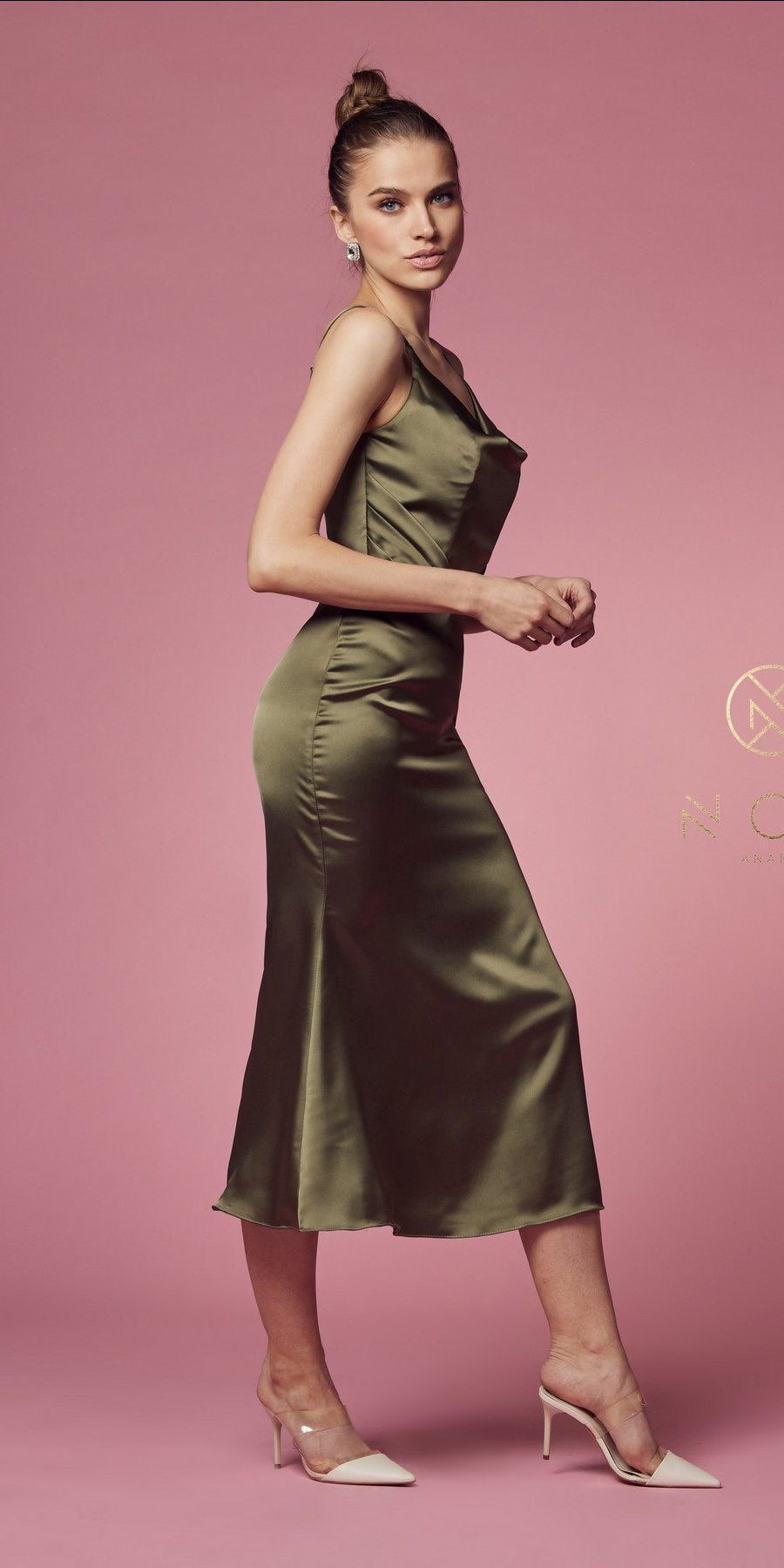 Olive satin midi formal dress with cowl neckline and thin spaghetti straps