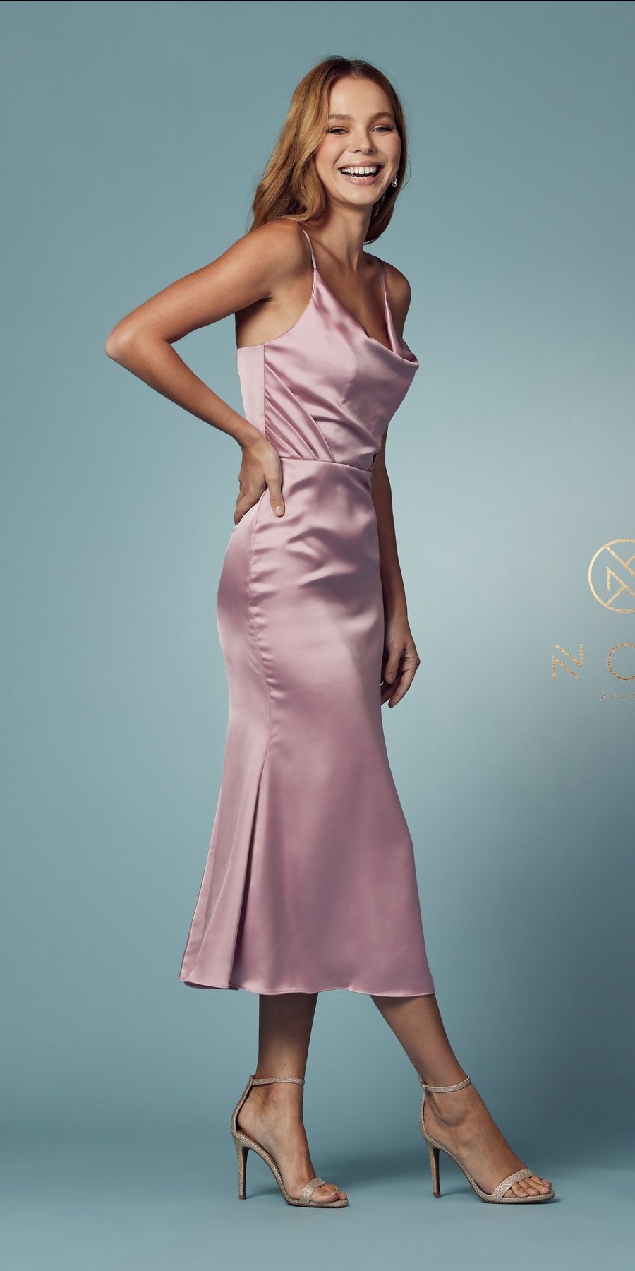 Rose satin midi formal gown with cowl neckline, sleeveless fitted silhouette