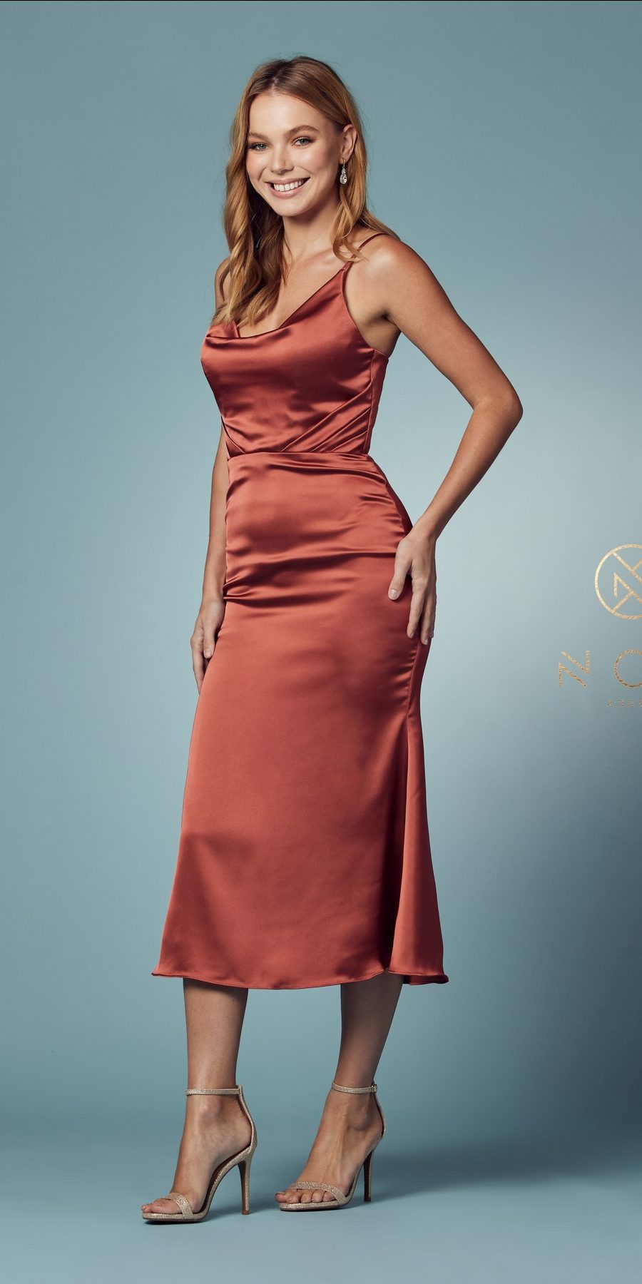 Rust satin midi formal dress with cowl neckline and thin spaghetti straps