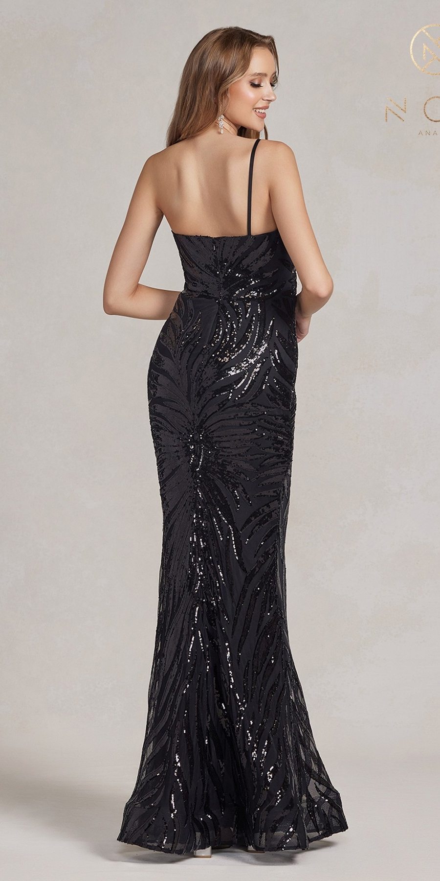 Dark fitted sequin evening gown with thin straps and open back detail