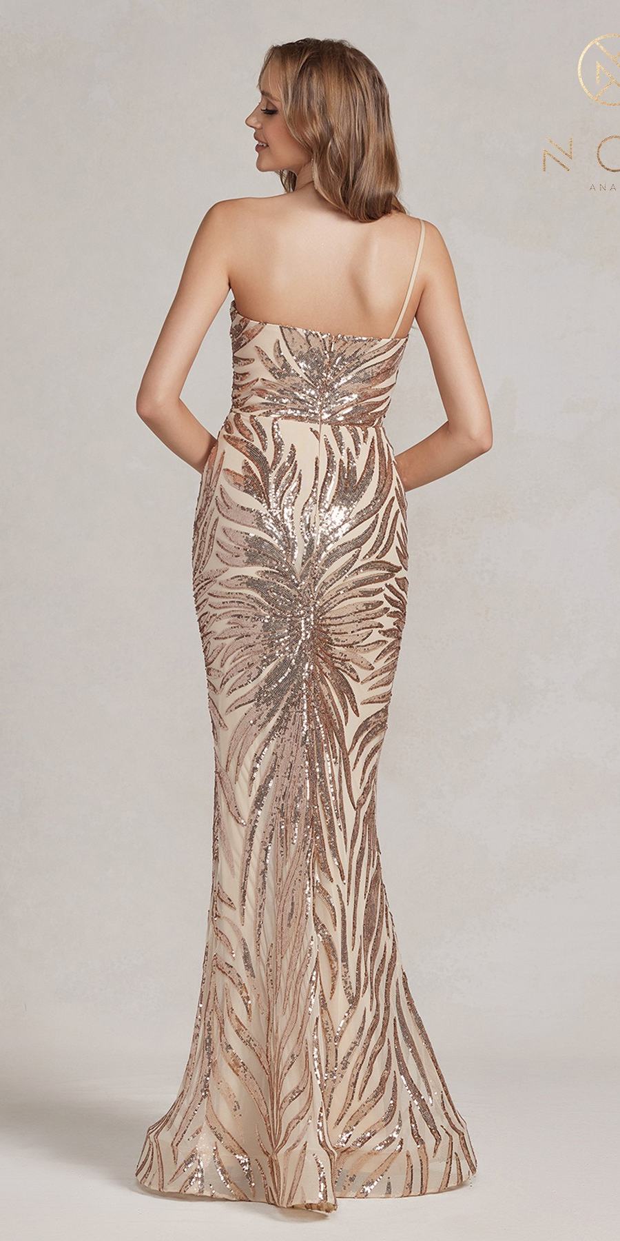 Gold sequin fitted floor-length gown with spaghetti straps and mermaid silhouette