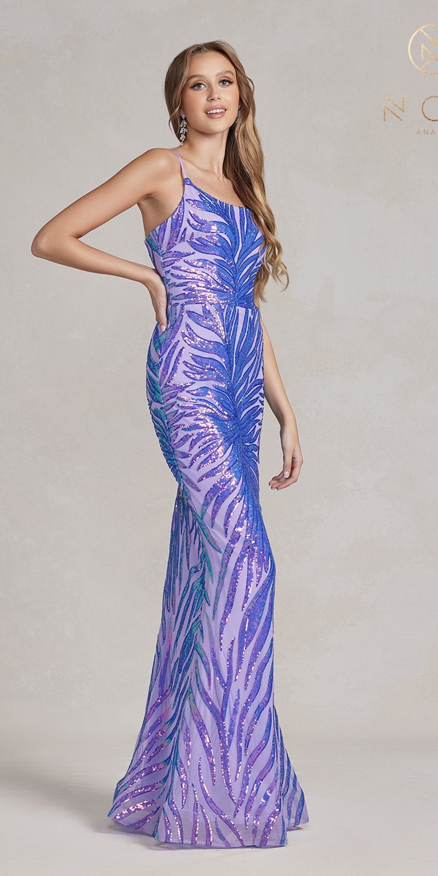 Purple-blue sequin fitted floor-length gown with spaghetti straps and straight neckline