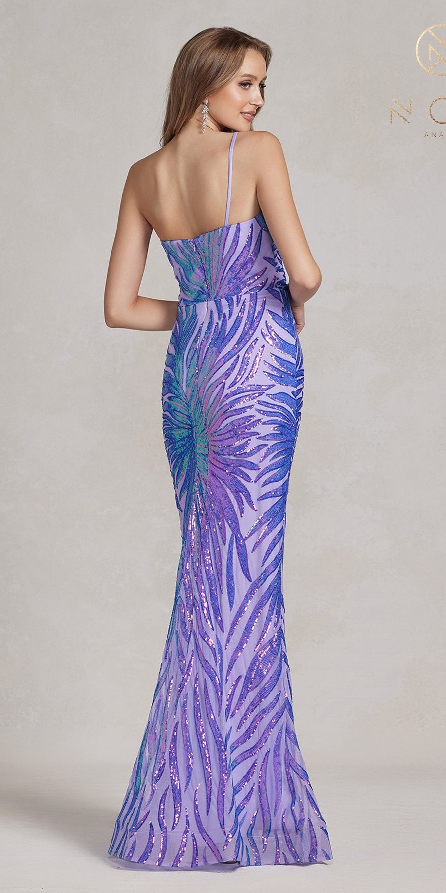 Purple and blue sequin fitted floor-length gown with spaghetti straps and mermaid cut