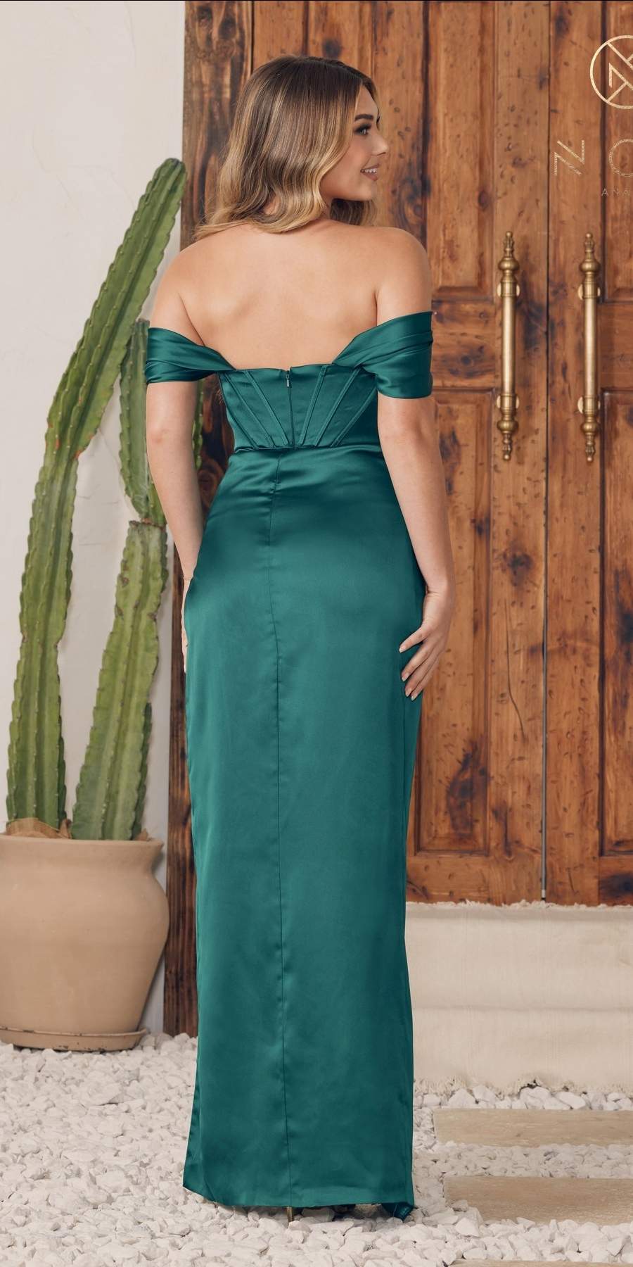 Emerald satin off-shoulder cowl neck long dress, open back, side slit