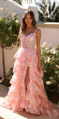Long off-the-shoulder tiered A-line formal gown in blush pink lace fabric