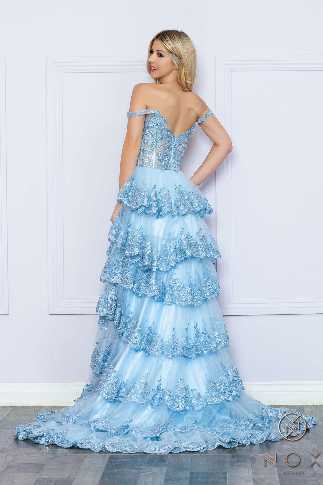 Long off-shoulder tiered A-line formal gown in light blue, lace bodice with open back