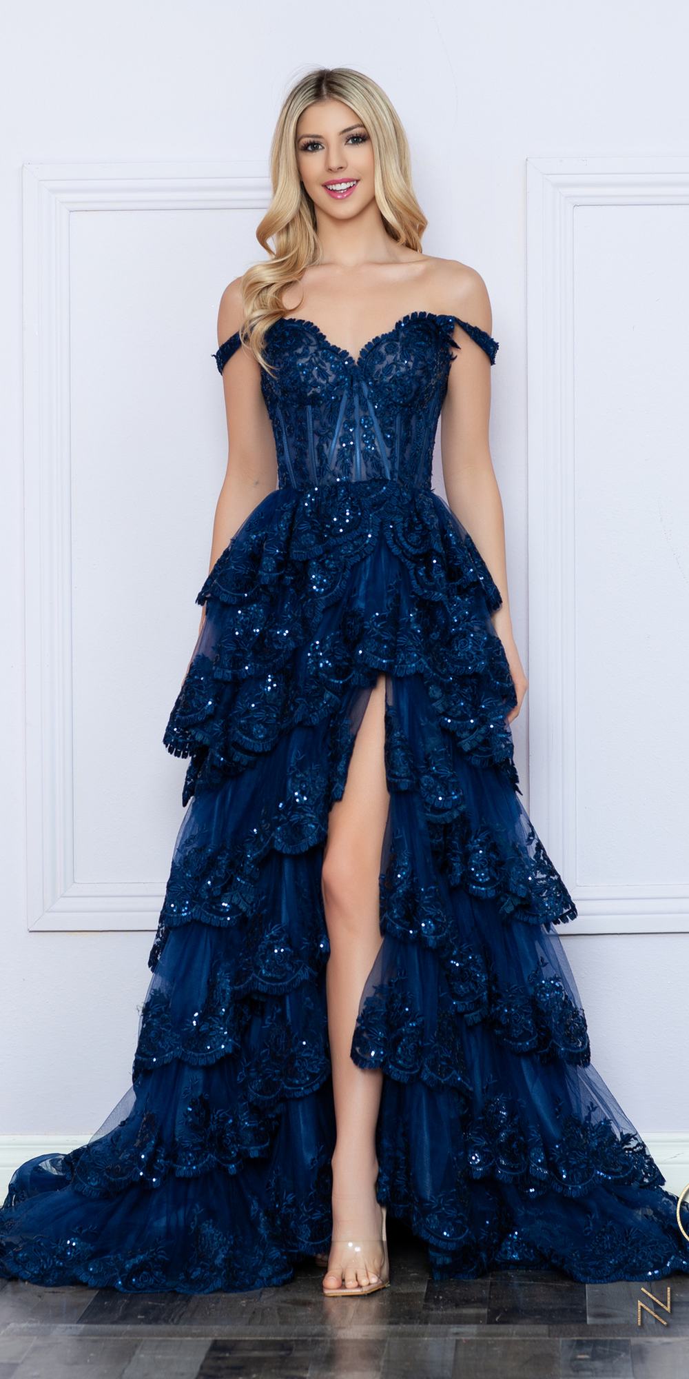 Long off-shoulder tiered A-line formal gown in dark navy, lace ruffle layers, slit