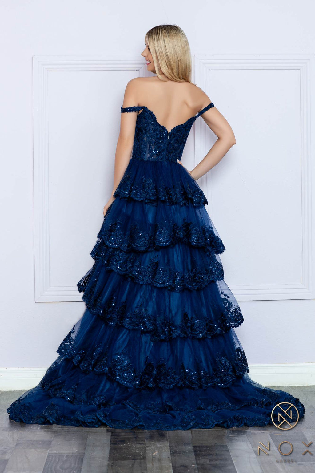 Long off-shoulder tiered A-line formal gown in dark navy, lace back, tiered skirt layers