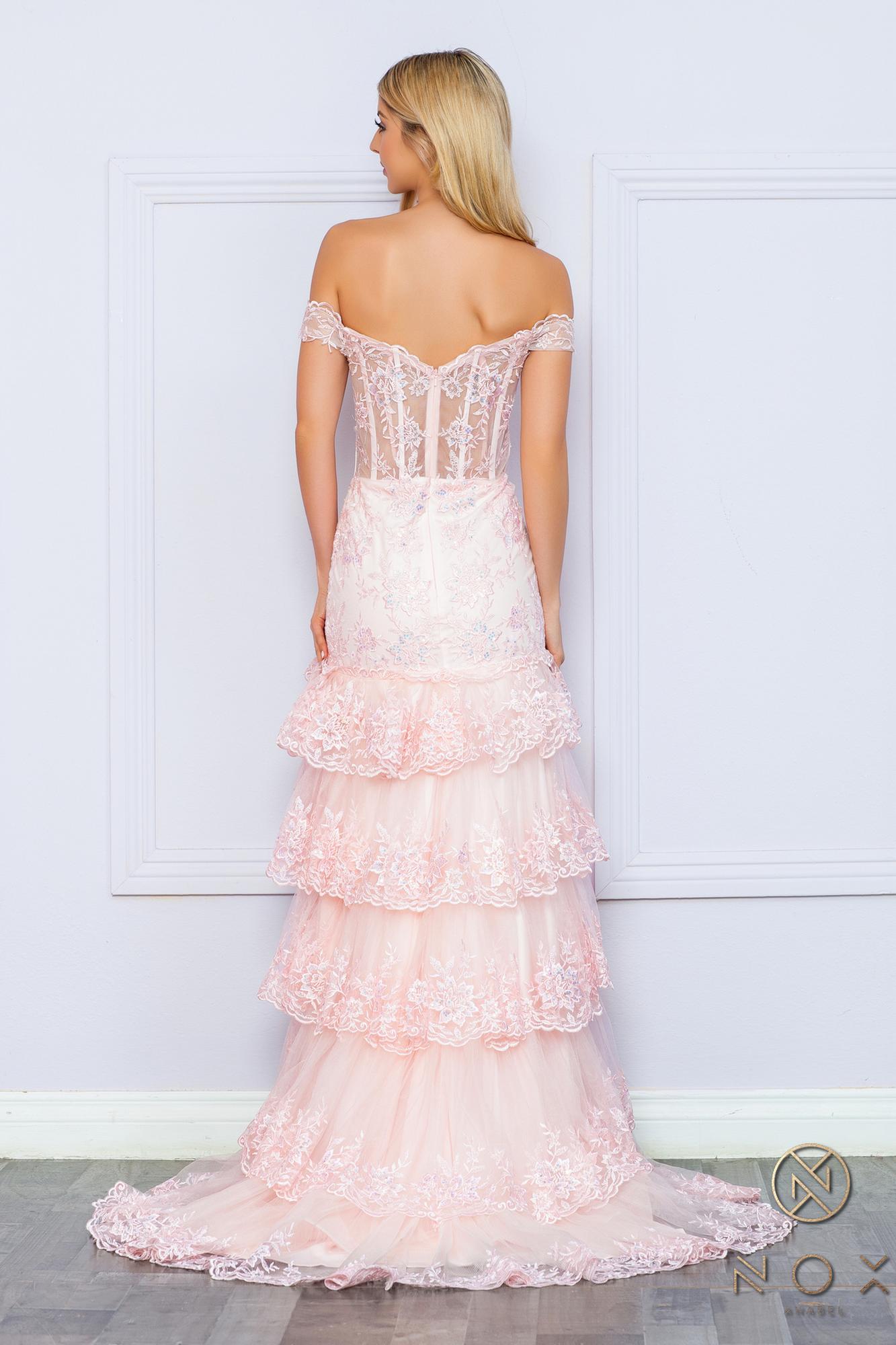 Blush off-shoulder corset-style dress with layered tiered ruffles, long length.