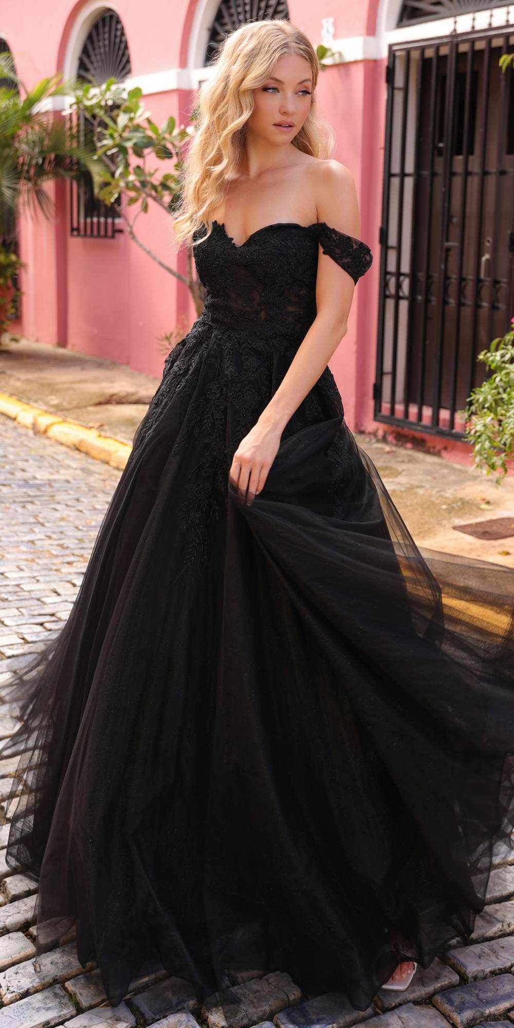 Long off-shoulder sweetheart tulle A-line gown in black with full skirt