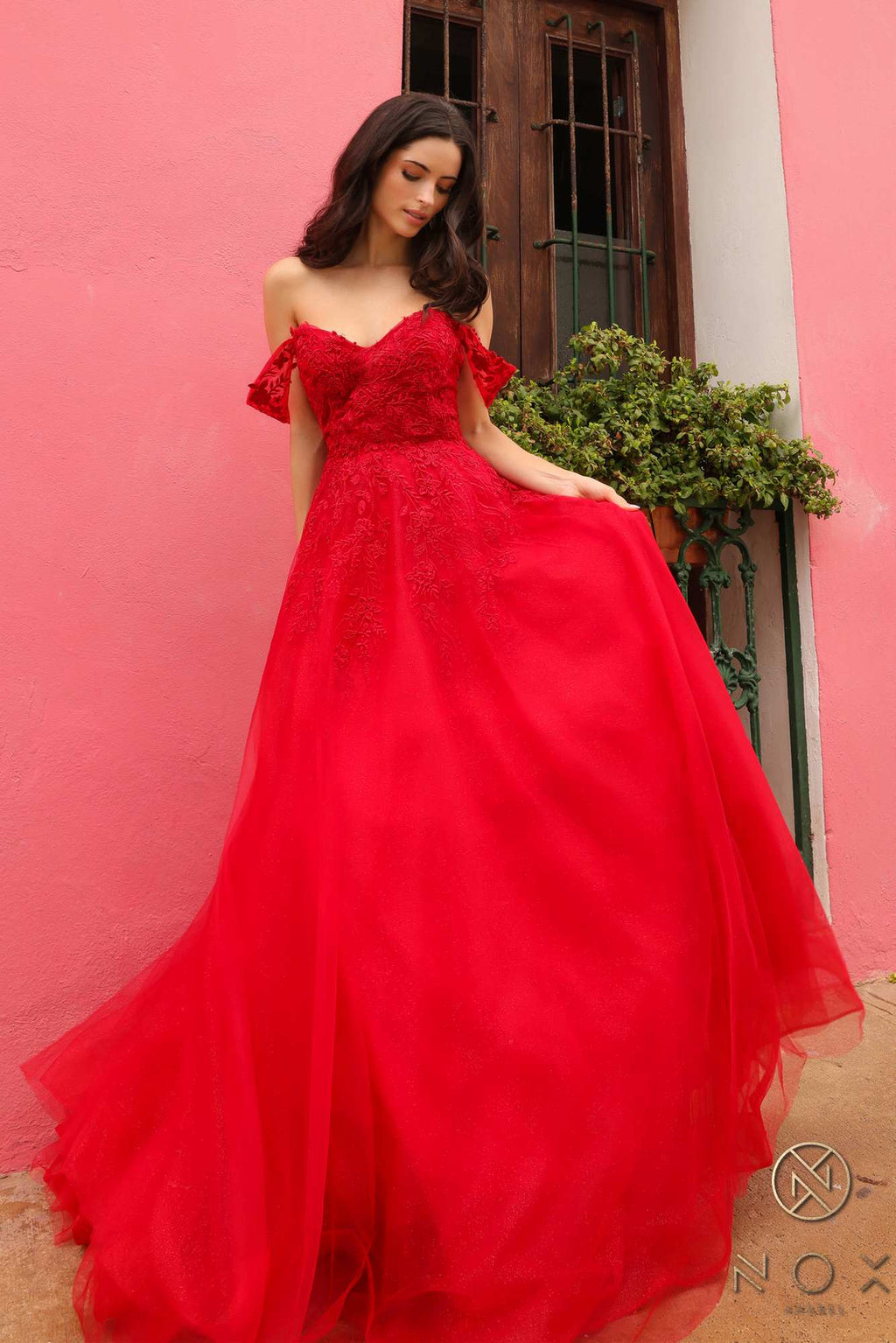 Long off-shoulder sweetheart tulle A-line gown in red, side profile