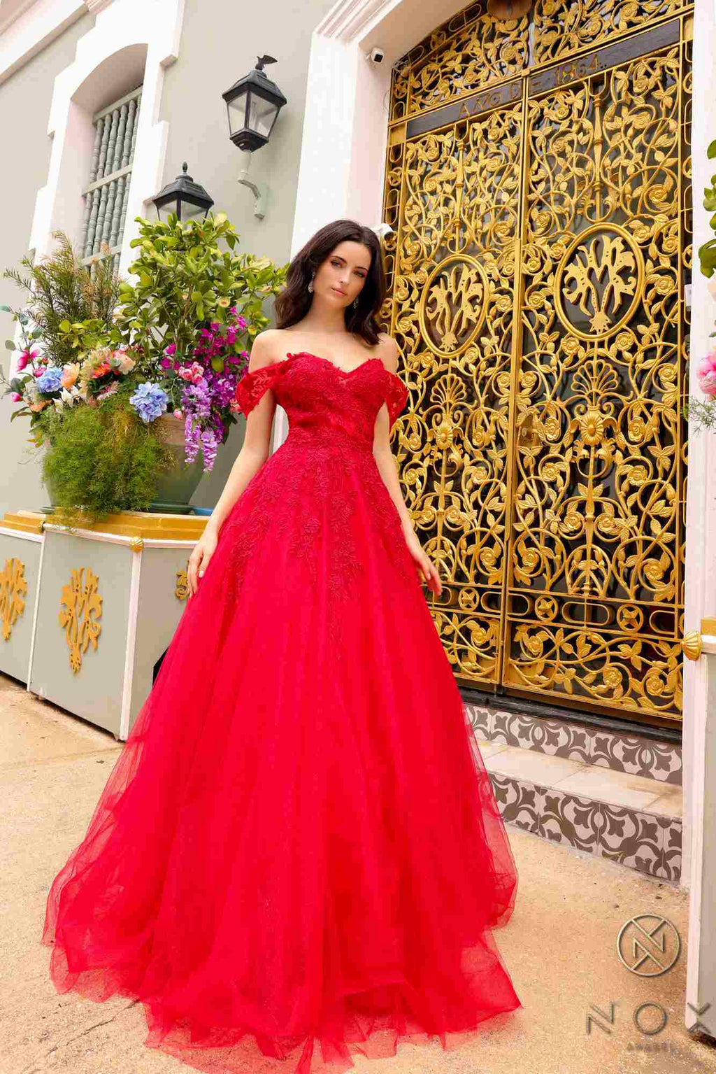 Long off-shoulder sweetheart tulle A-line gown in red, full side view