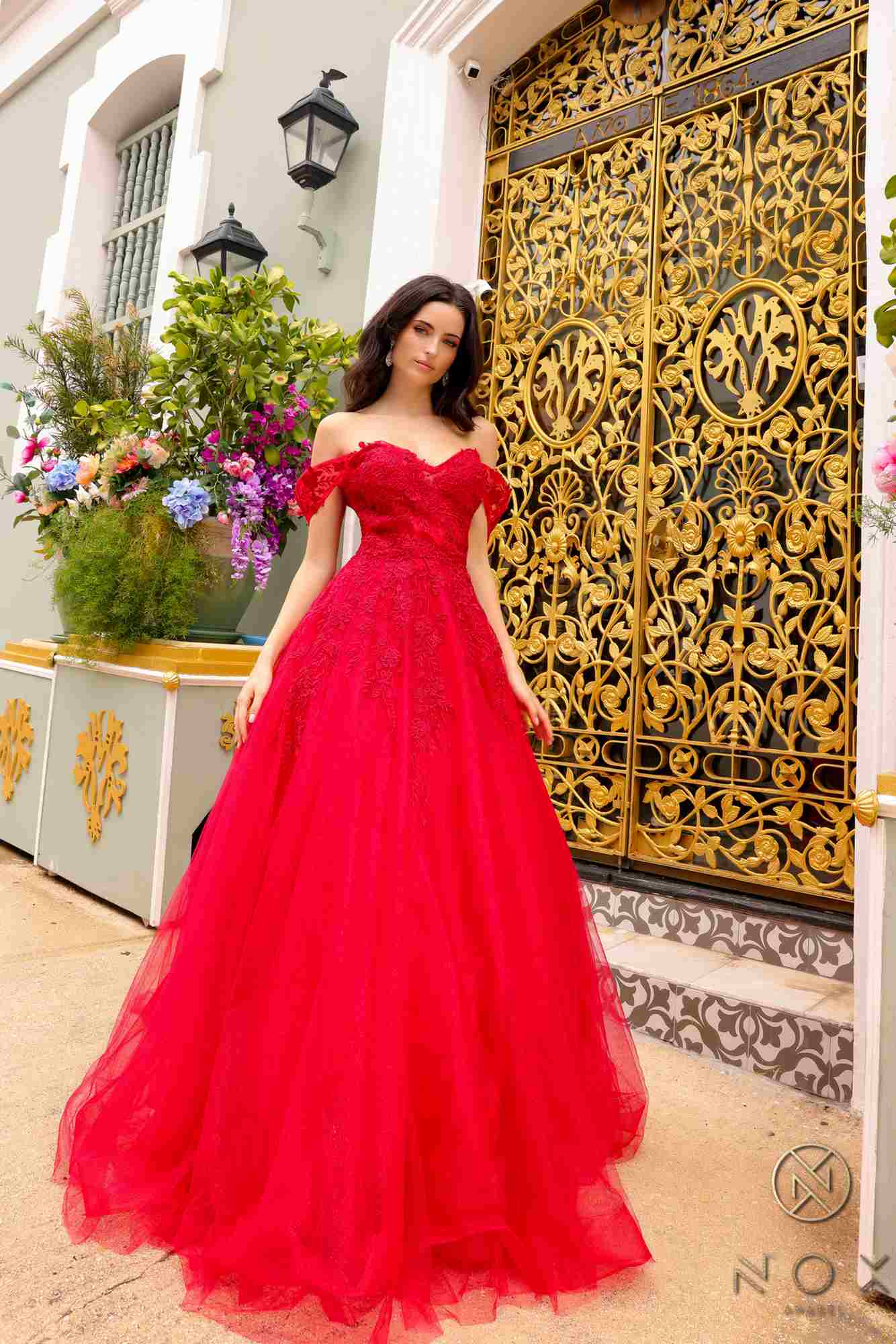 Long off-shoulder sweetheart tulle A-line gown in red, full side view
