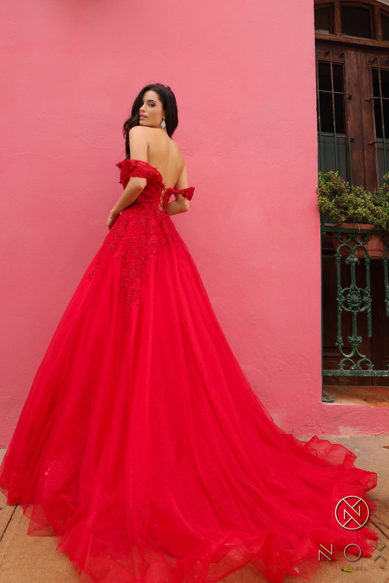 Long off-shoulder sweetheart tulle A-line gown in red, back view