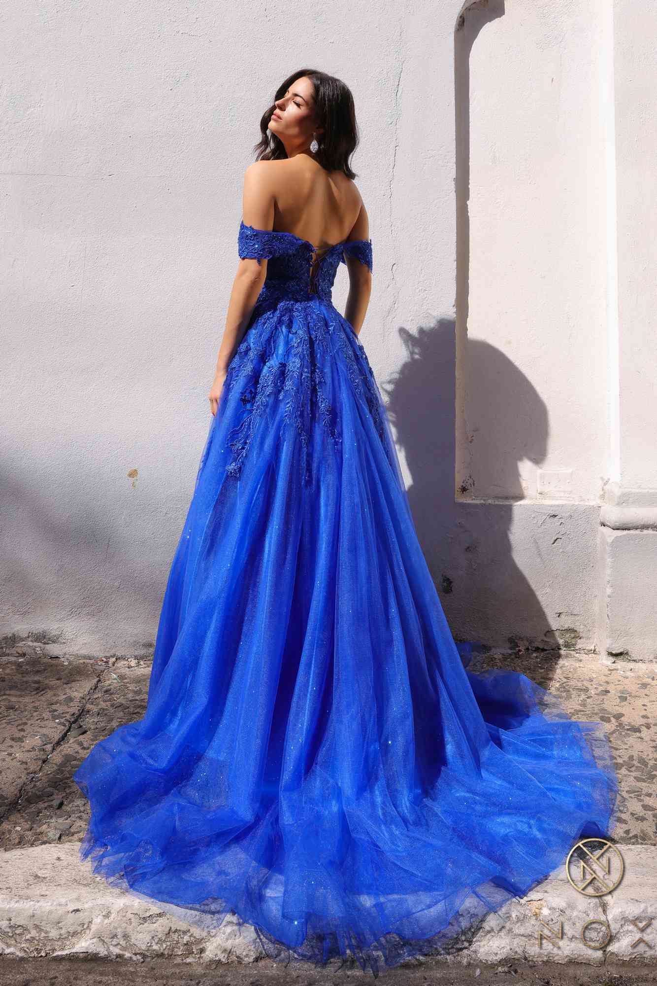 Long off-shoulder sweetheart tulle A-line gown in royal blue, back view